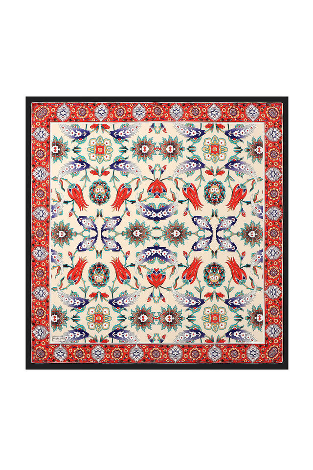 Black Red Efes Pattern Silk Square Scarf 