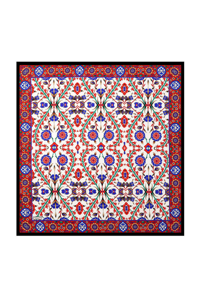 Black Red Selcuk Pattern Silk Square Scarf 