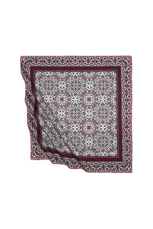 Black Red Turkish Patterned Tile Pattern Silk Square Scarf - Thumbnail