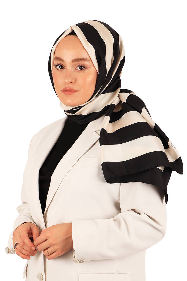 Black Stripe Pattern Twill Silk Scarf - 3