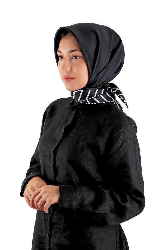 Black Stripe Pattern Twill Silk Square Scarf - 2