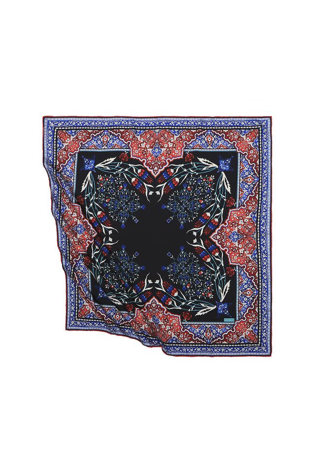 Black Turkish Motif Candlestick Tulip Pattern Silk Square Scarf - 1