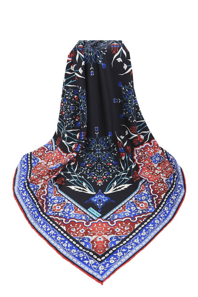 Black Turkish Motif Candlestick Tulip Pattern Silk Square Scarf - 3