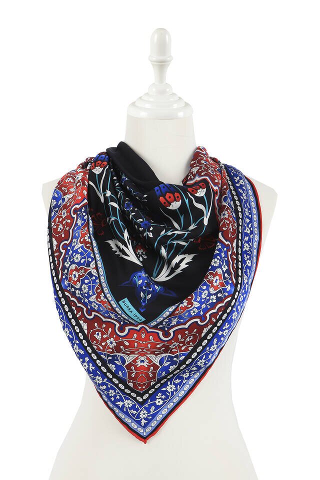 Black Turkish Motif Candlestick Tulip Pattern Silk Square Scarf - 2