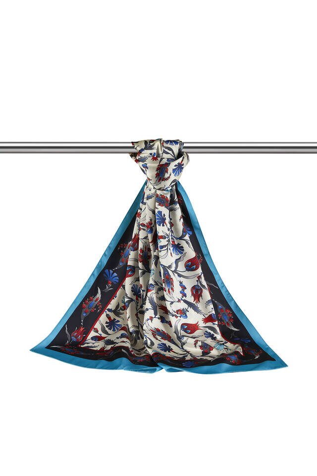 Black Turquoise Carnation Tulip Pattern Wide Silky Foulard - 3