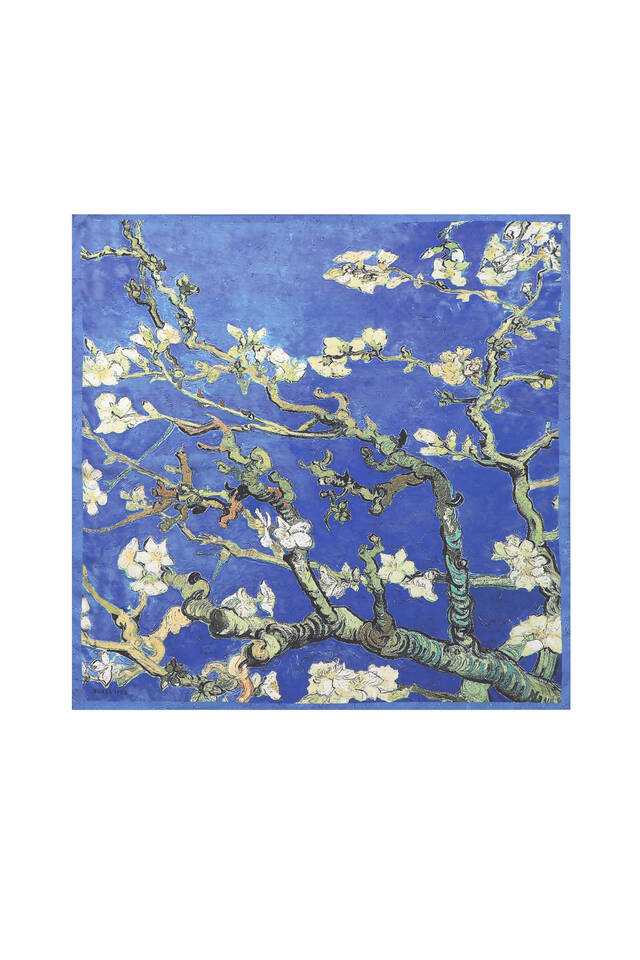 Blue Almond Blossom Pattern Silky Pocket Square - Bursa İpek