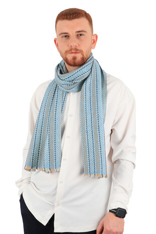 Blue Beige Patterned Men's Wool Scarf - Thumbnail