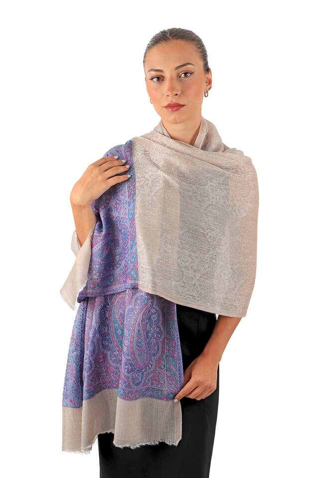 Blue Border Patterned Wool Shawl - 2