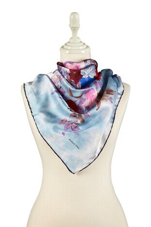 Blue Bouquet Pattern Silky Square Scarf - Thumbnail