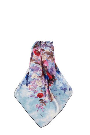 Blue Bouquet Pattern Silky Square Scarf - Thumbnail