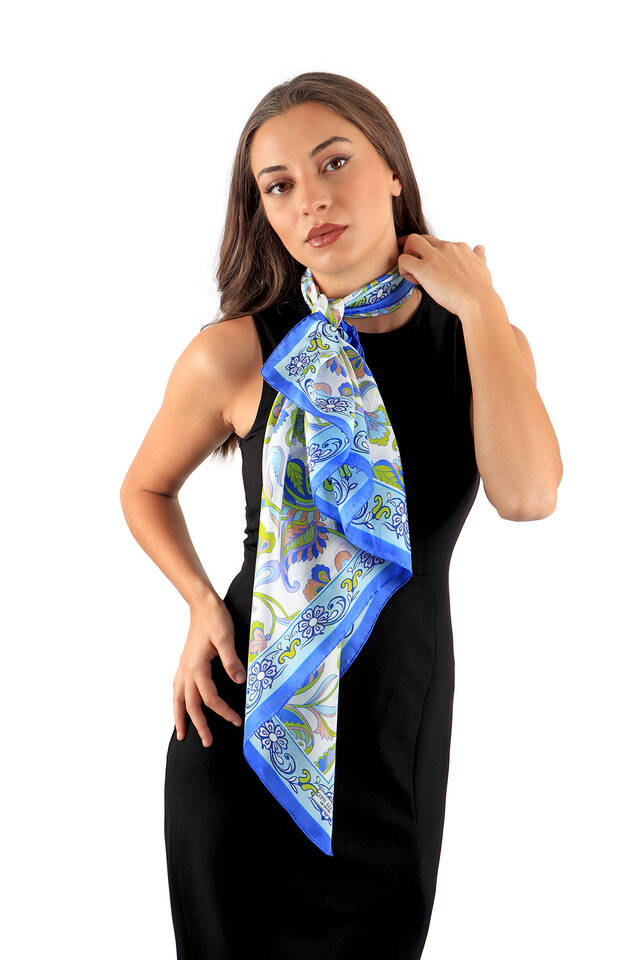 Blue Floral Pattern Voile Silk Square Scarf - 3