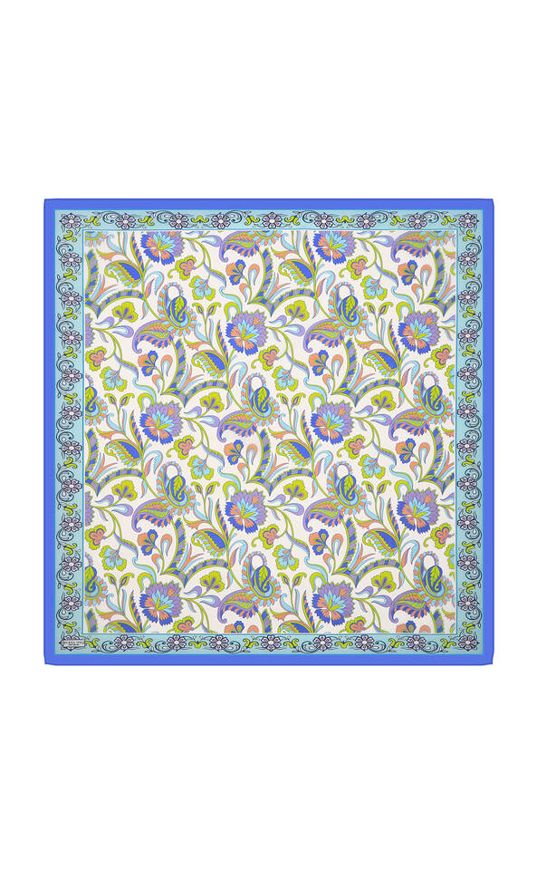 Blue Floral Pattern Voile Silk Square Scarf 