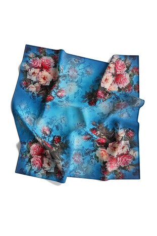 Blue Floral Silk Square Scarf - Thumbnail