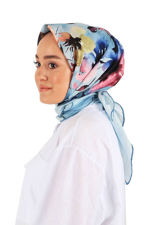 Blue Floral Soft Square Scarf - 2