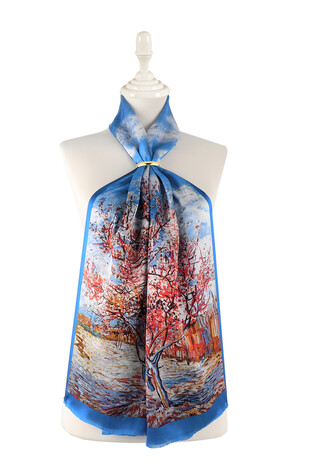 Blue Peach Tree Pattern Silk Foulard 