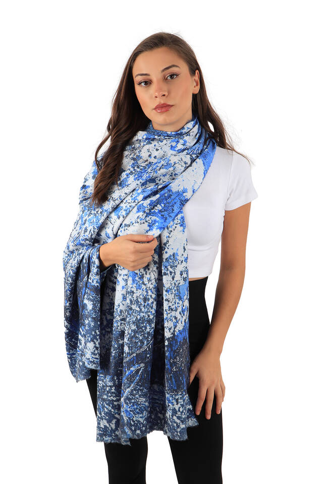 Blue Peach Tree Pattern Winter Shawl - 2