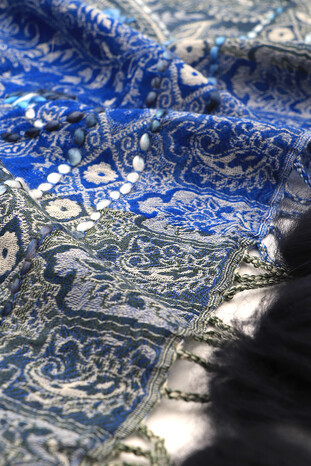 Blue Washed Wool Pompom Shawl - Thumbnail