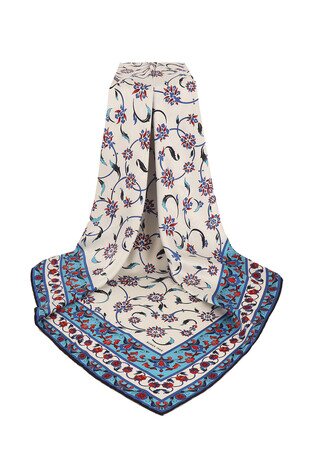 Blue Wildflower Pattern Silky Square Scarf - Thumbnail
