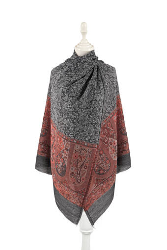 Anthracite Border Patterned Wool Shawl 