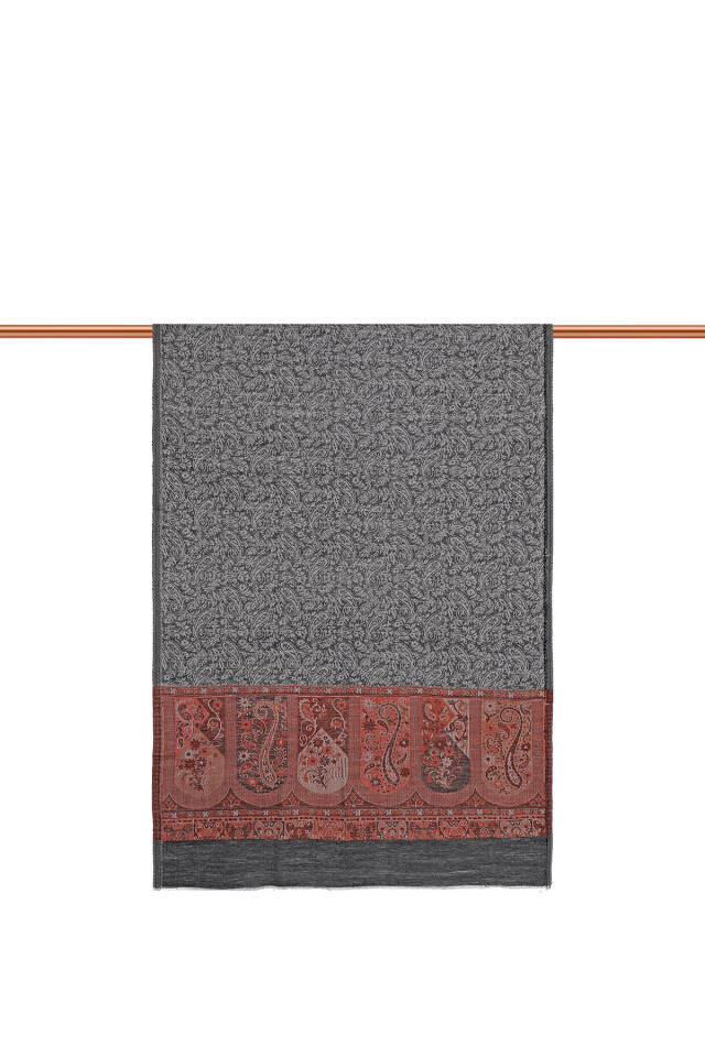 Anthracite Border Patterned Wool Shawl - 3