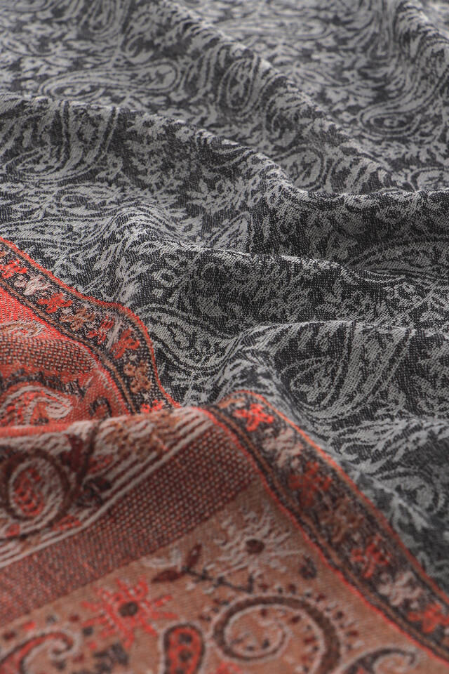 Anthracite Border Patterned Wool Shawl - 4