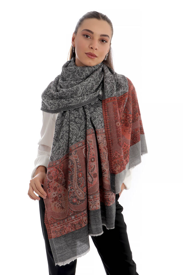 Anthracite Border Patterned Wool Shawl - 2