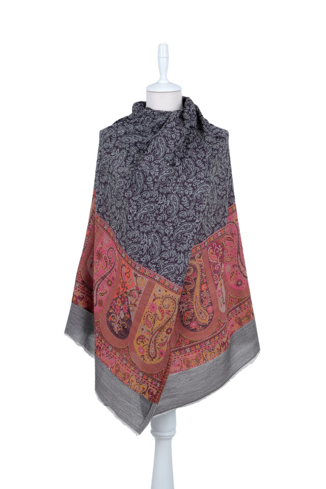 Füme Bordür Desenli Yün Şal 