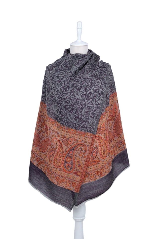 Füme Bordür Desenli Yün Şal - 1