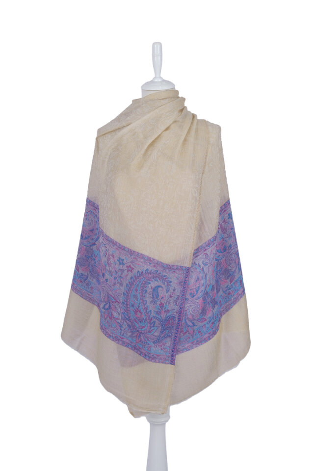 Mavi Bordür Desenli Yün Şal - Bursa İpek