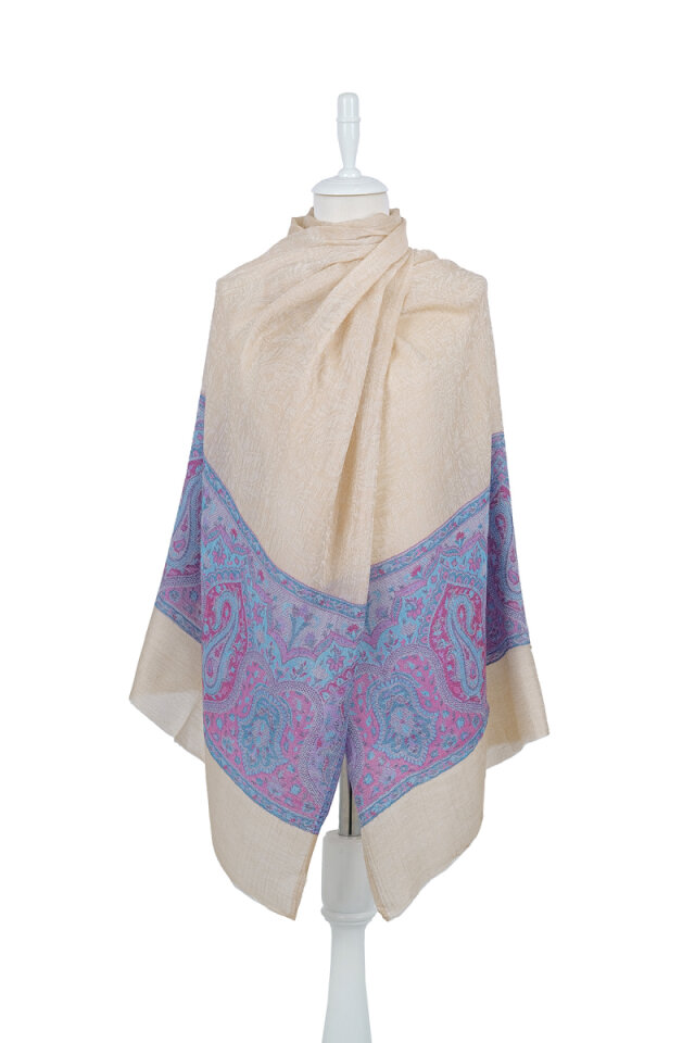 Mavi Bordür Desenli Yün Şal 