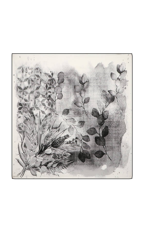 Gri Botanik Desen Sura İpek Eşarp - Bursa İpek