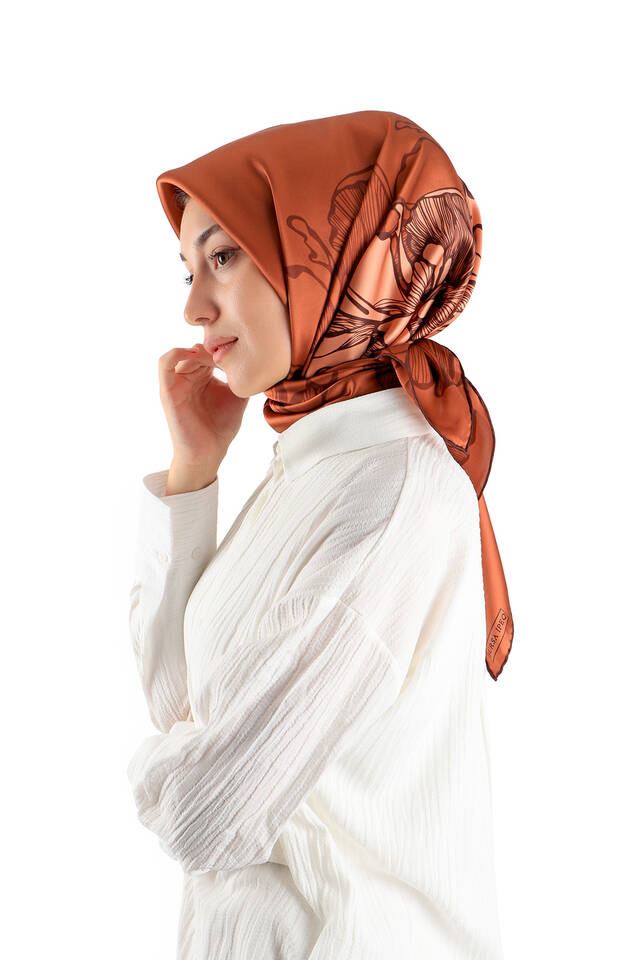 Brick Begonia Pattern Sura Silk Square Scarf - 2