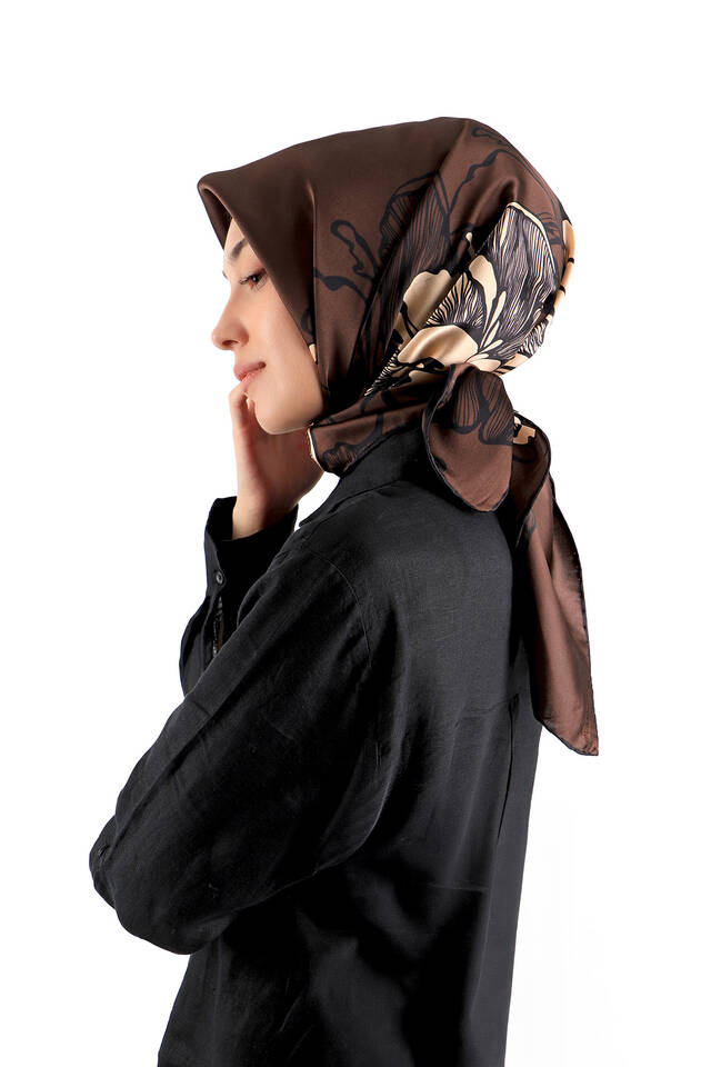 Brown Begonia Pattern Sura Silk Square Scarf - 2