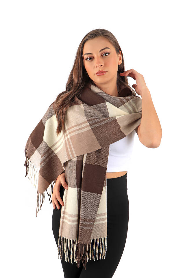 Brown Cream Patterned Winter Shawl - 2