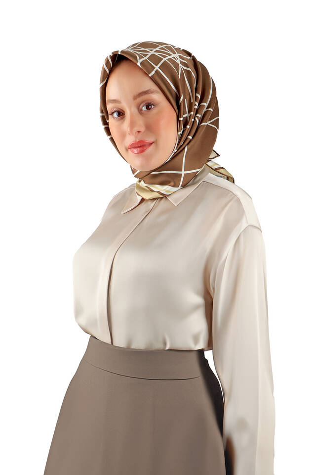 Brown Echo Pattern Twill Silk Square Scarf - 2