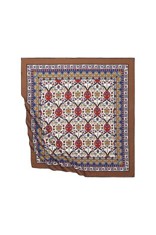 Brown Tile Tulip Pattern Silky Square Scarf - Thumbnail