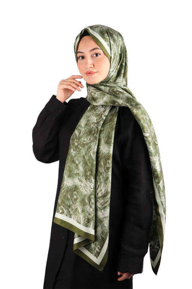 Grass Green Brush Pattern Twill Silk Shawl - 2