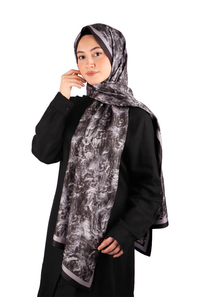 Black Brush Pattern Twill Silk Shawl - 2