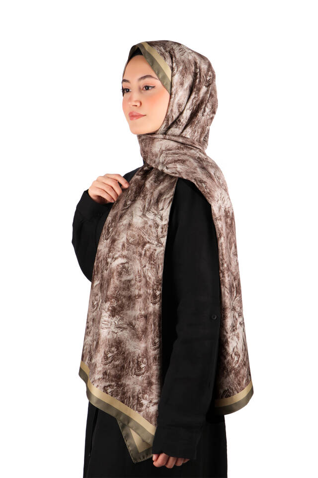 Brown Brush Pattern Twill Silk Shawl - 2