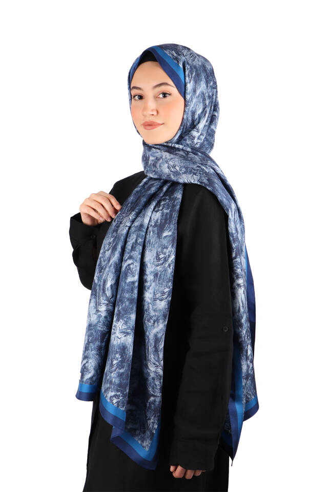 Navy Blue Brush Pattern Twill Silk Shawl - 2