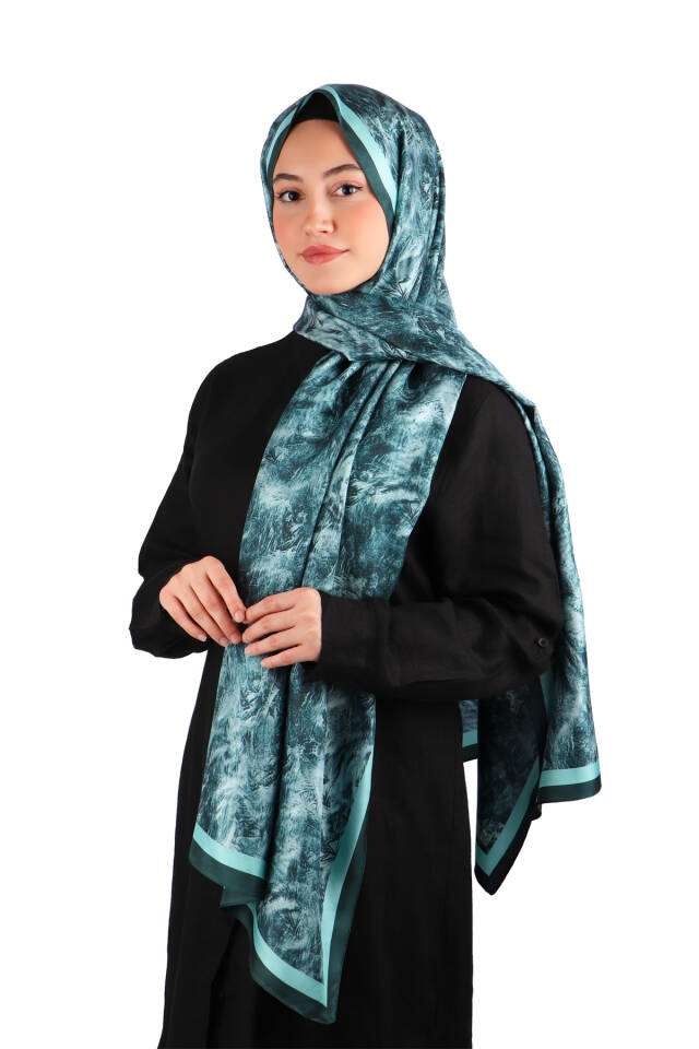 Oil Green Brush Pattern Twill Silk Shawl - 2