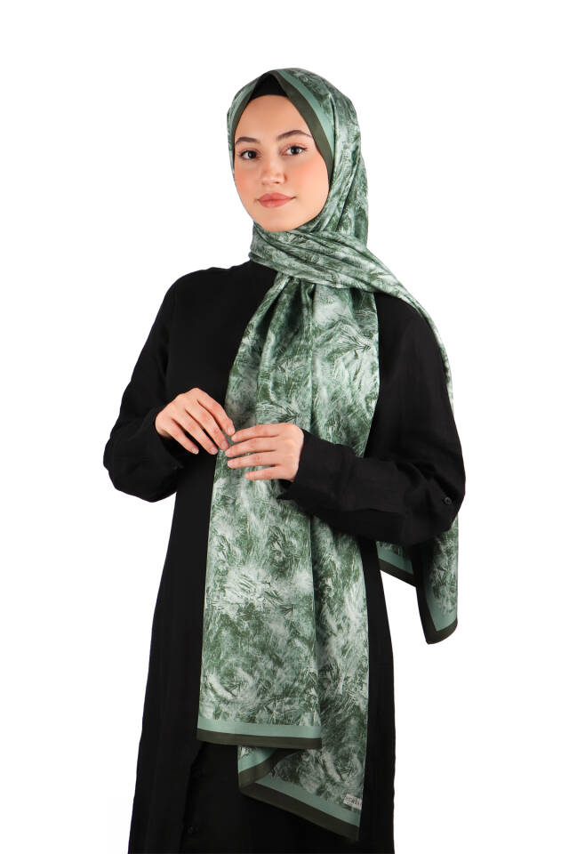 Army Green Brush Pattern Twill Silk Shawl - 2