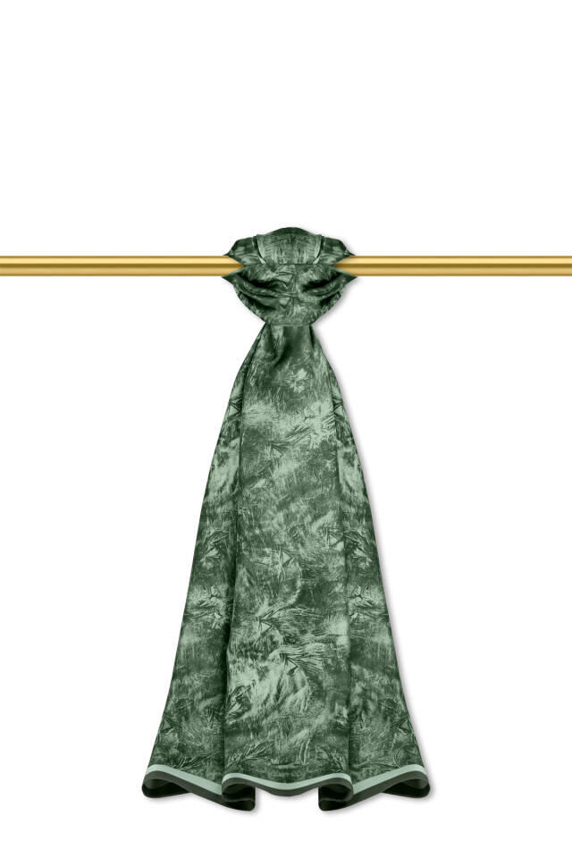 Army Green Brush Pattern Twill Silk Shawl - Bursa İpek