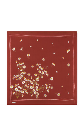 Burgundy Daisy Pattern Twill Silk Square Scarf 