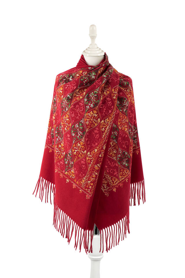 Burgundy Embroidered Winter Shawl - Bursa İpek