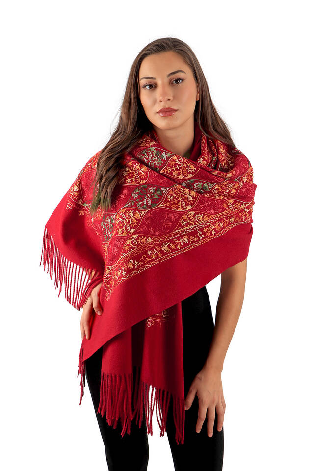 Burgundy Embroidered Winter Shawl - 2