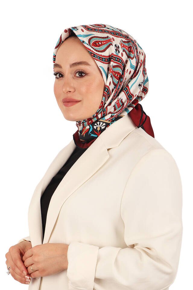 Burgundy Ivy Tulip Pattern Silky Square Scarf - 2