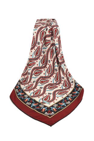 Burgundy Ivy Tulip Pattern Silky Square Scarf - Thumbnail