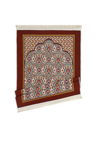 Burgundy Rosebud Pattern Tapestry Prayer Rug - Thumbnail
