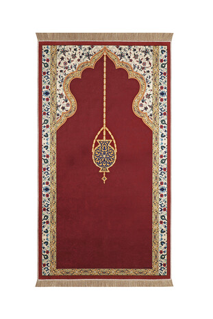 Burgundy Velvet Carpet Prayer Rug - Thumbnail